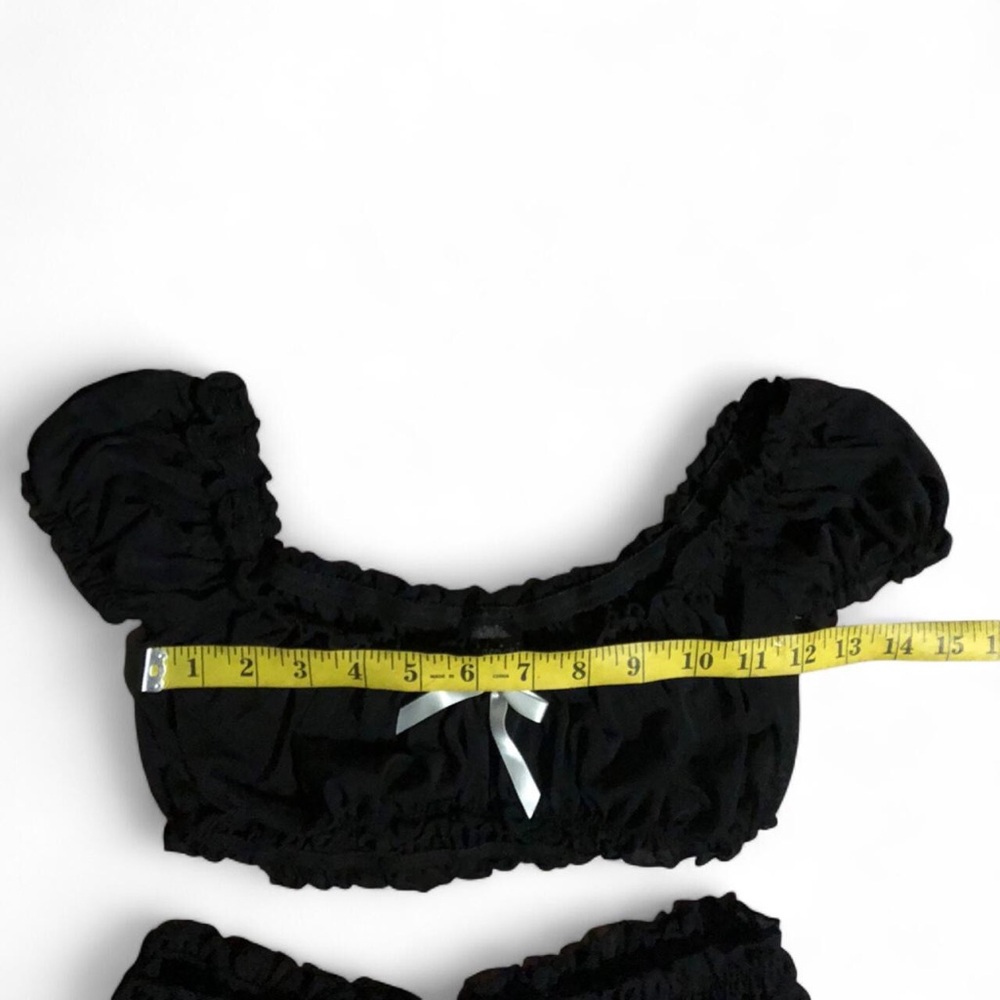 RARE Vintage Fredricks Of Hollywood Black Ruffle Gather Bow Two piece Set Y2K - Picture 3 of 7